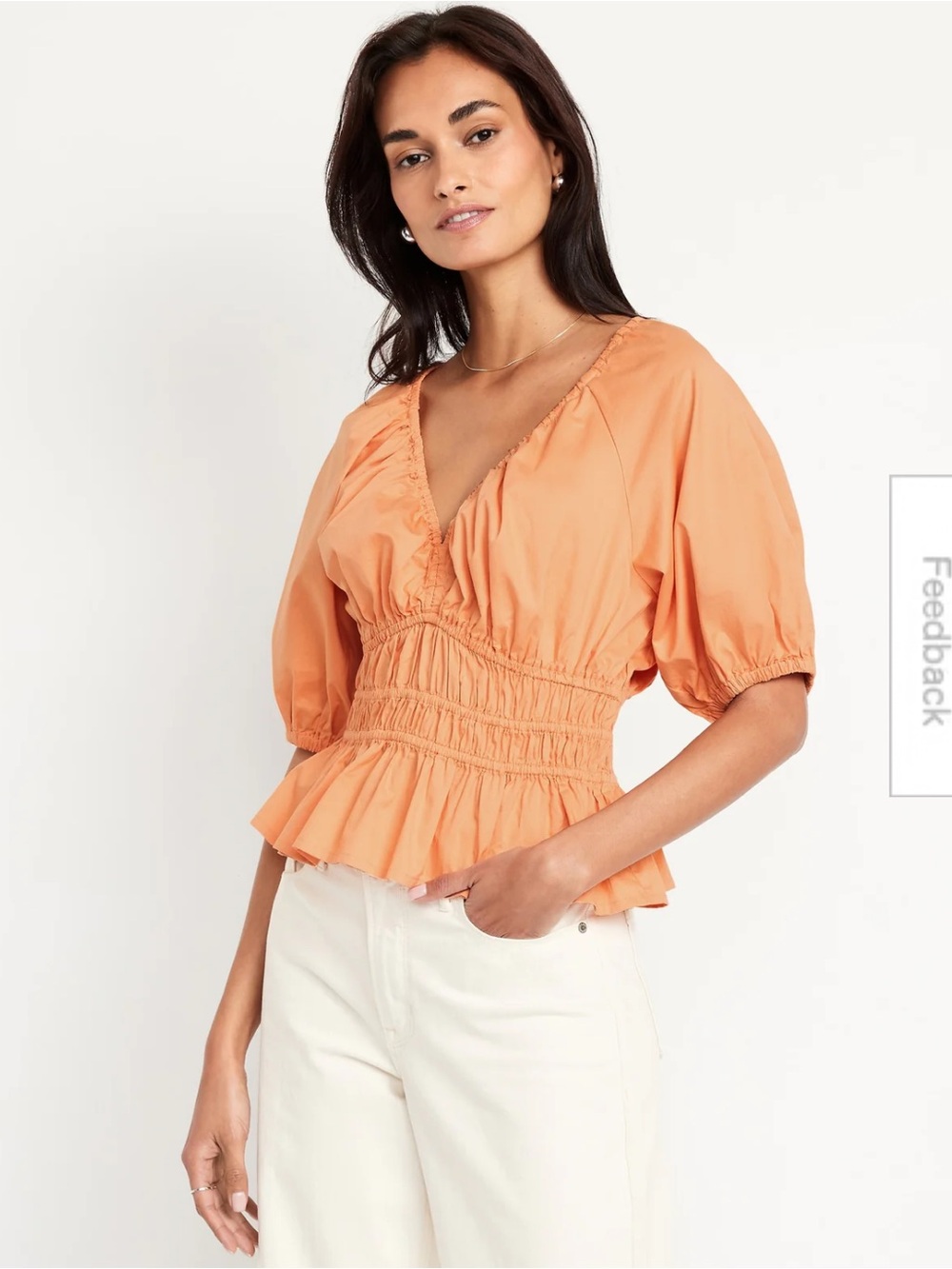 Old Navy Smocked Peplum Puff Sleeve Orange Cotton Peasant Blouse L Boho Babydoll